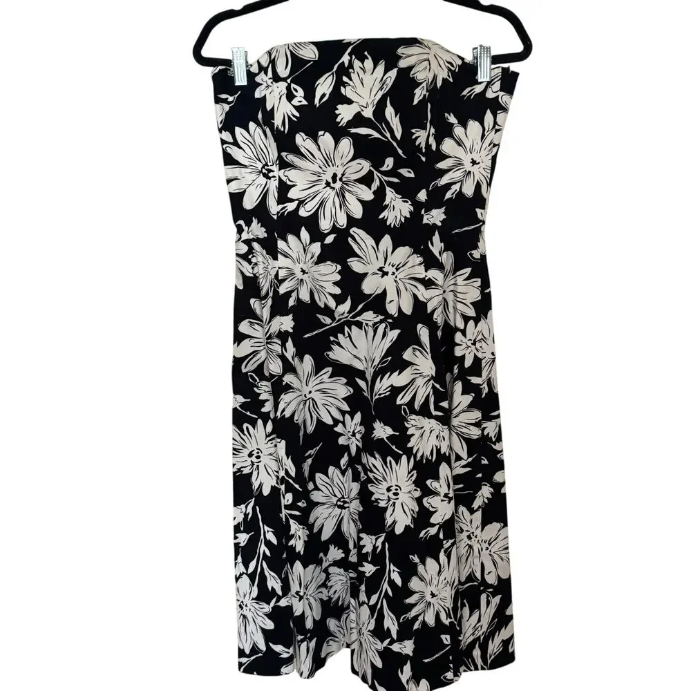 White House Black Market Dress Size 12 Black White Floral Midi A-Line Classic - Picture 2 of 10